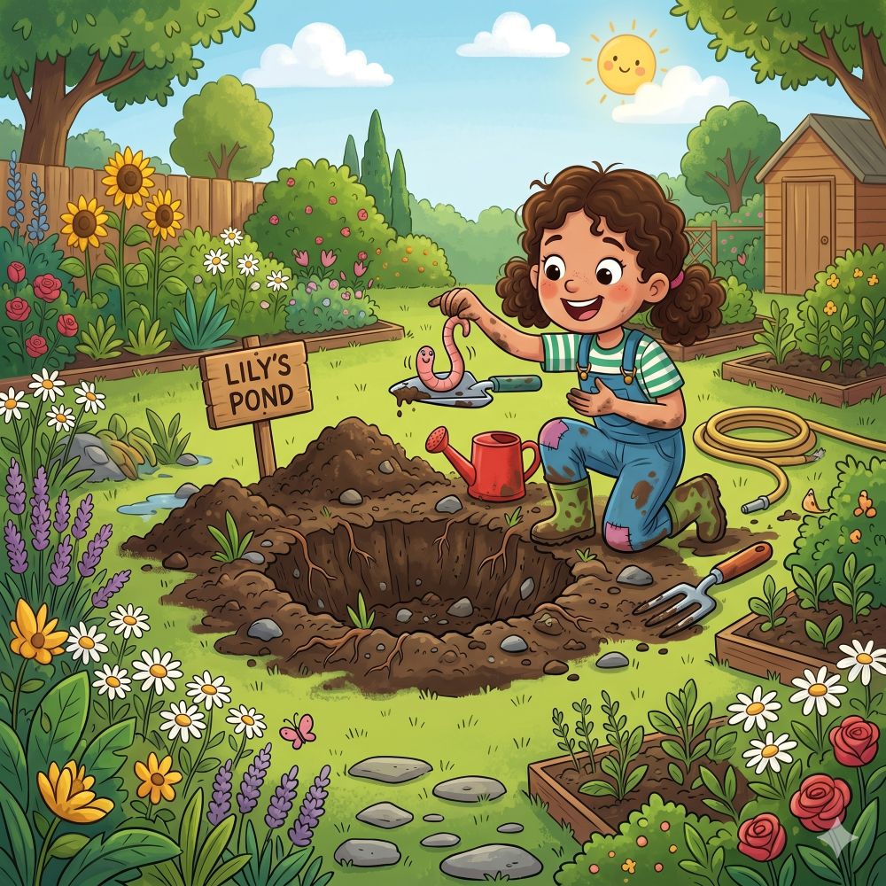 Cartoon-Girl-finding-worm-digging-a-pond-hole