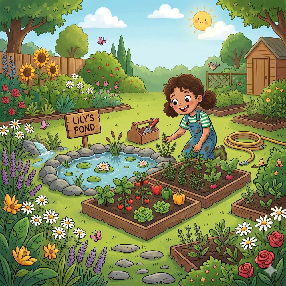Cartoon-Girl-using-soil-from-pond-hole-to-build-vegtable-patch