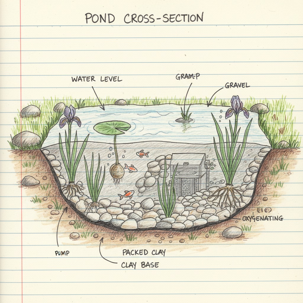 Hand drawn picture of a pond.