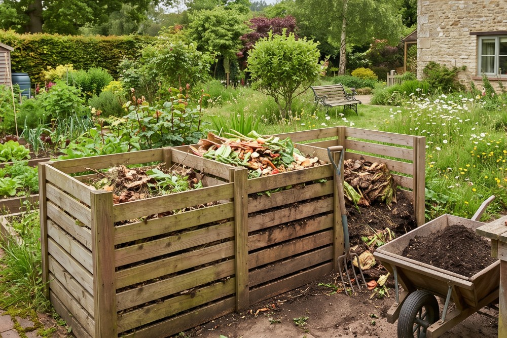 AI Picture of organised compost piles in a uk garden