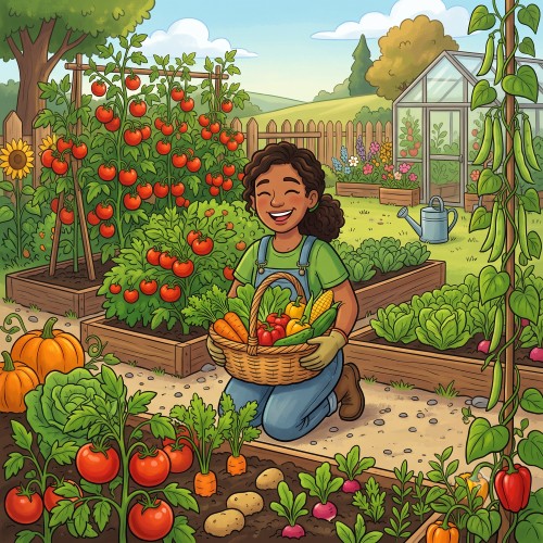 Cartoon image of large plant yields in a garden