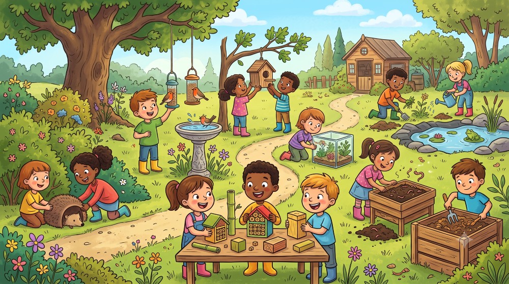 Cartoon of children being entertained outside