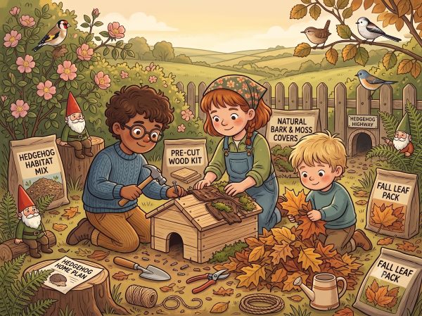 Cartoon of children building a hedgehog House in uk garden