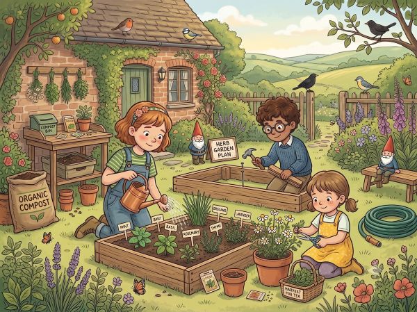 Cartoon of children building a herb garden