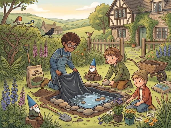 Cartoon of children building a pond
