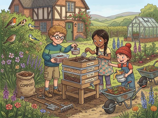 Cartoon of children building a worm farm