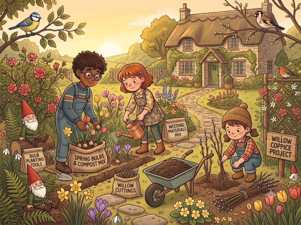 Cartoon of children planting in a uk garden