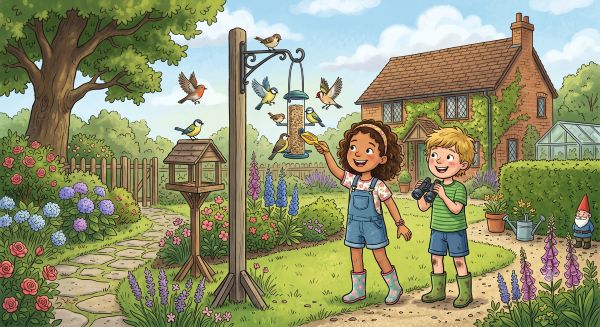 Cartoon of children using bird feeder