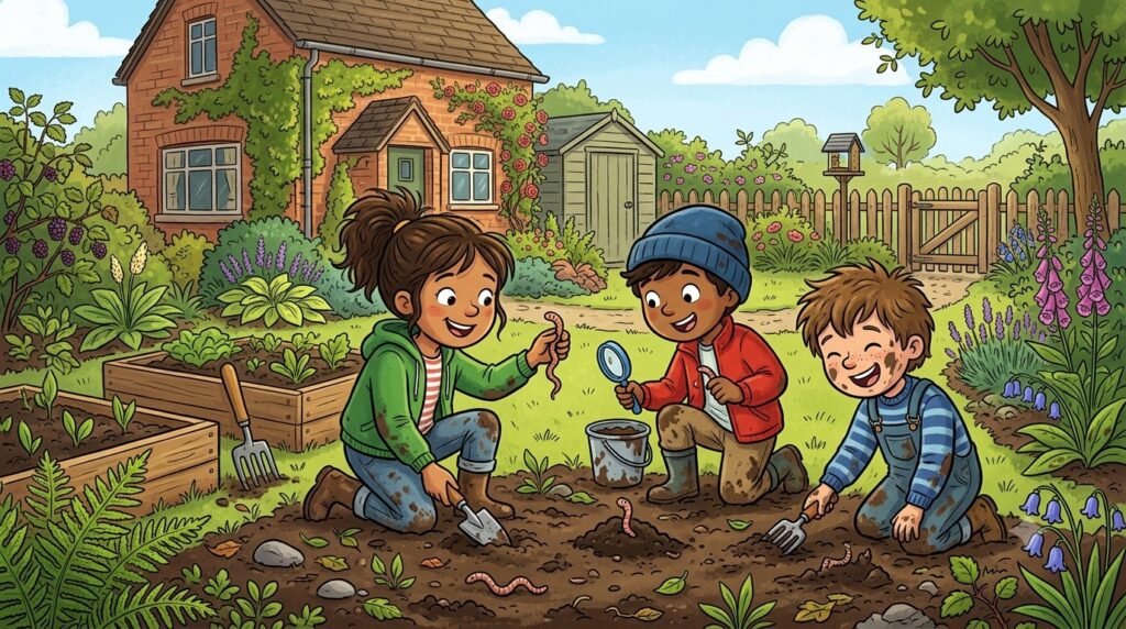 Wills Wild Lab Cartoon Picture of Children Looking for worms in the garden