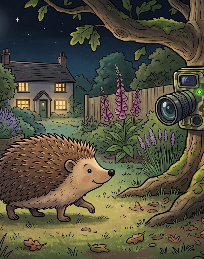 Cartoon hedgehog being caught on wildlife camera made by raspberry pi