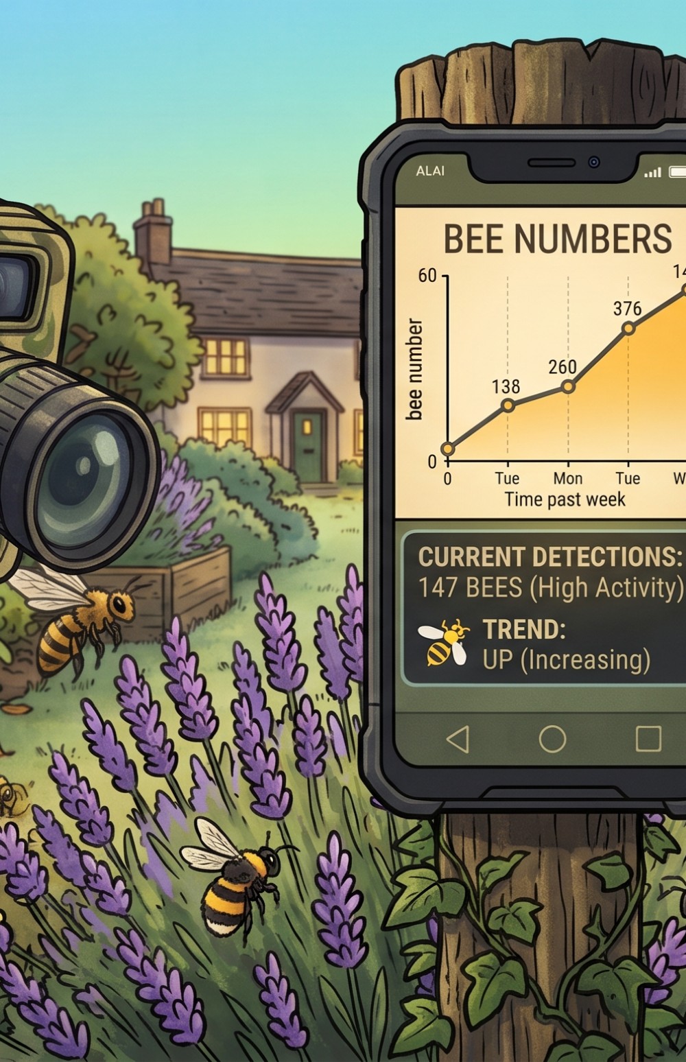 Cartoon image of a bee counting gadget made with raspberry pi pc