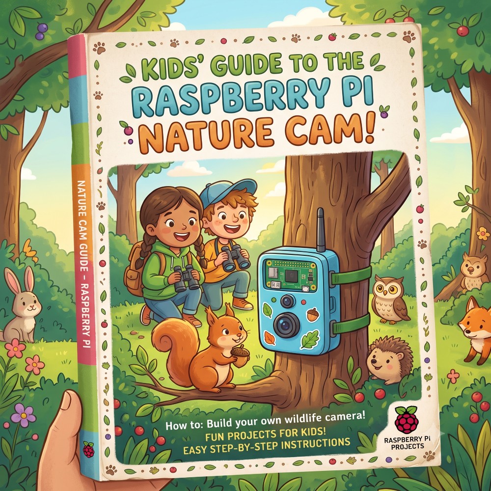 Cartoon image of a guide on how to set up a raspberry pi nature cam