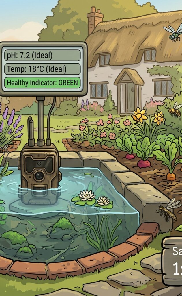 Cartoon image of nature cam in a pond taking measurements of pond health with raspberry pi pc