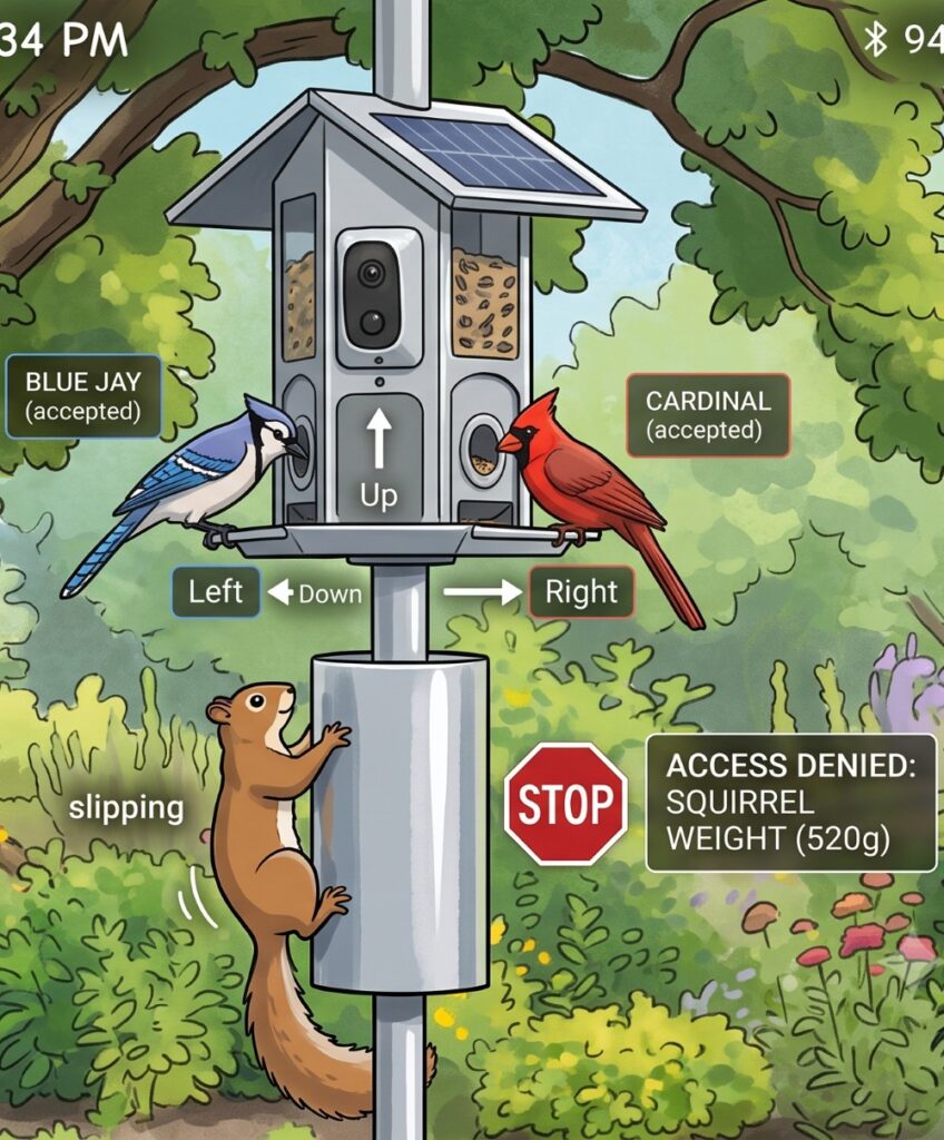 Cartoon image of smart bird feeder using AI to deny squirrels and accept birds
