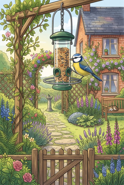 Cartoon of blue tit bird using bird feeder in uk garden