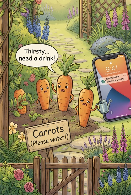 Cartoon of carrots asking for more water, sending notification to phone