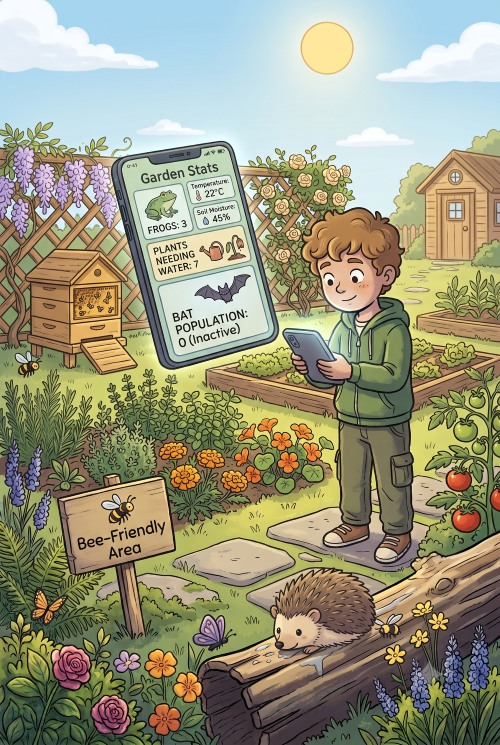 Cartoon of child checking nature score stats created on raspberry pi computer sent to phone