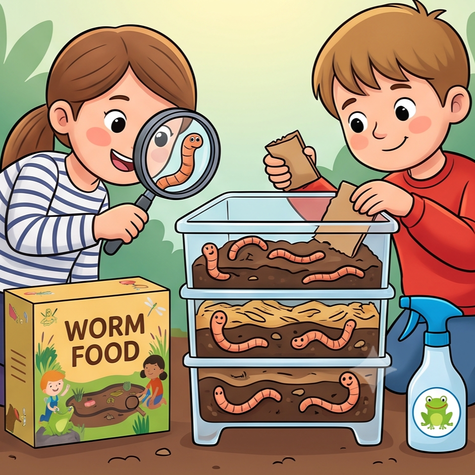 Cartoon of children using a build your own worm farm kit