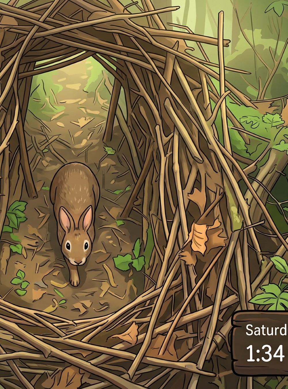 Cartoon of rabbit being caight by nature cam in custom made tunnel out of sticks using raspberry pi pc