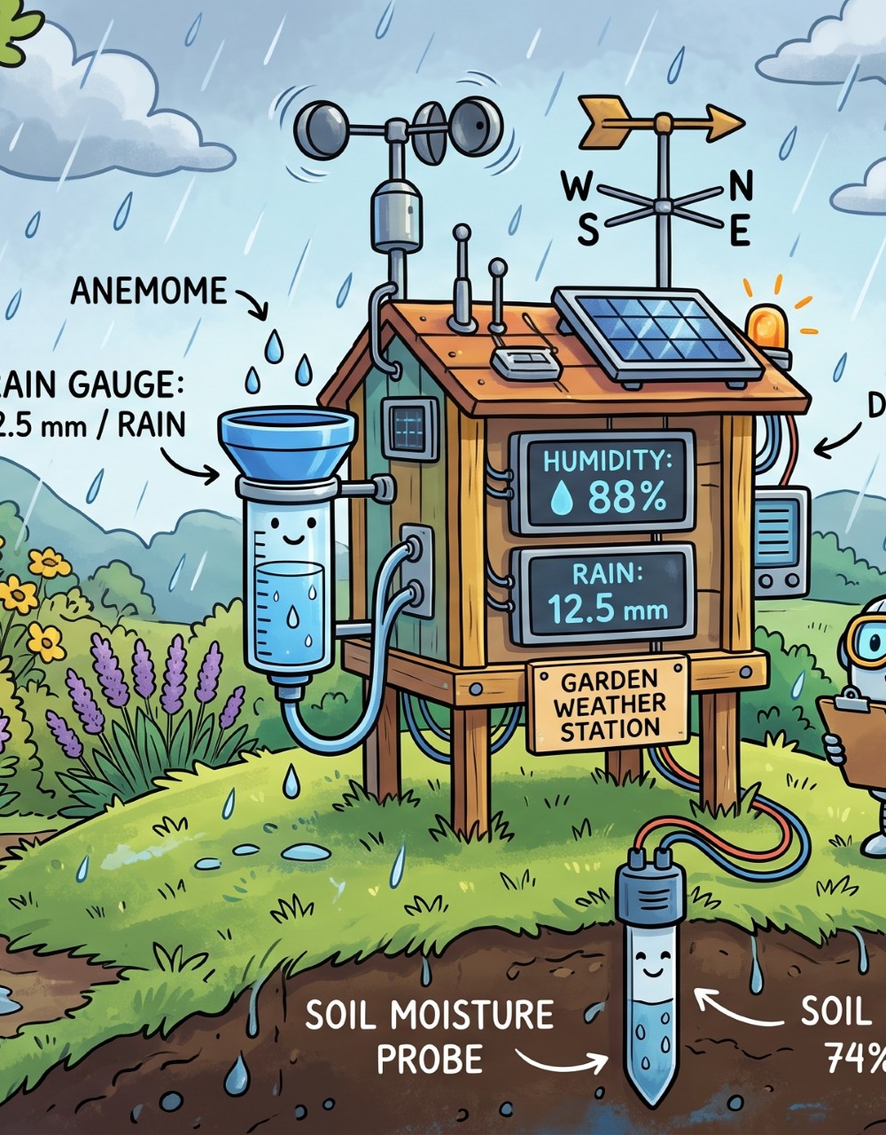 Cartoon of weather station in garden collecting environmental data using raspberry pi pc