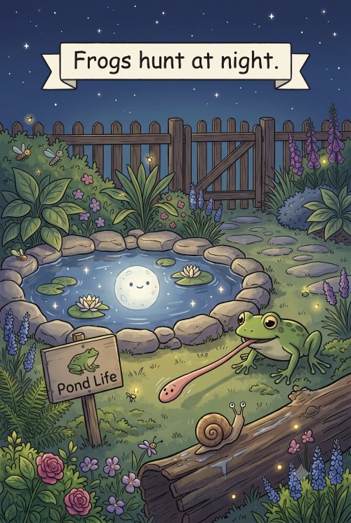 Cartoon picture of a frog hunting a snail at night