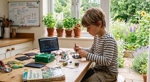 Child playing with raspberry pi pc in the kitchen